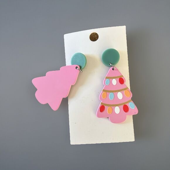 Festive Christmas Tree Shaped Acrylic Earrings Pink Painted Lights Christmas - Picture 2 of 3